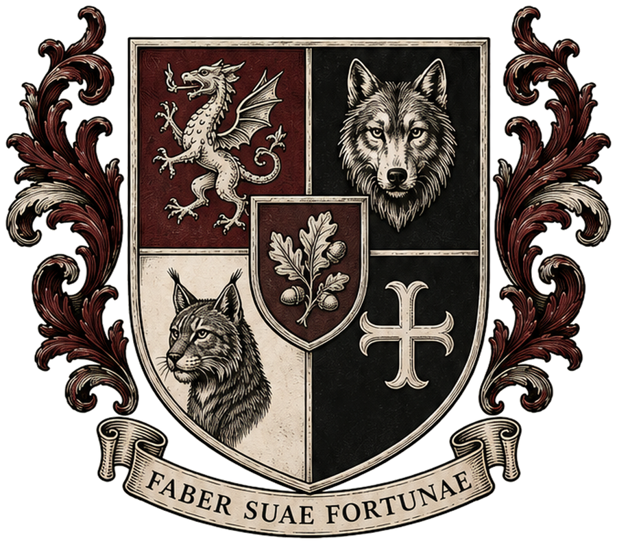Wolfridge Academy coat of arms: a quartered shield bearing a dragon, a wolf's head, a bobcat's head and a cross, with an oak sprig on the centre escutcheon, flanked by acanthus scrollwork above a banner reading Faber suae fortunae